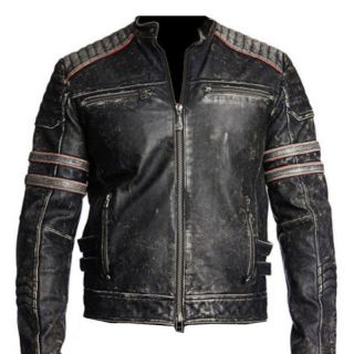Mens Biker Vintage Motorcycle Distressed Black Retro Cafe Racer Leather Jacket