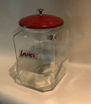 Vintage Lance Cracker 8 Sided Glass Jar General Store Advertising W/ Metal Lid