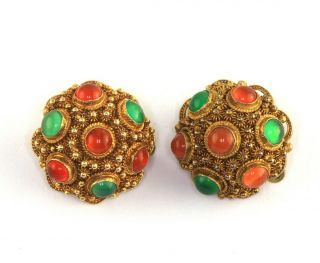 Vtg Chinese Export Silver Gilt Carnelian Chrysoprase Cabochon Clip On Earring