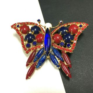 Vtg Red White & Blue Glass Cab & Navette Rhinestone Butterfly Brooch Gold Qq95e
