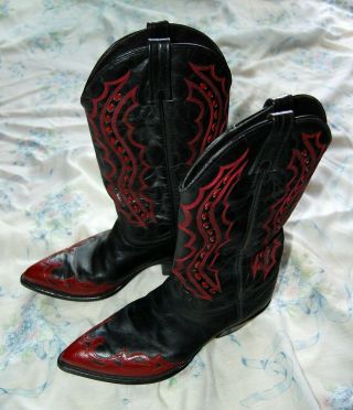 J Chisholm Cowboy Boots - 11d - Vintage - Black And Red Leather