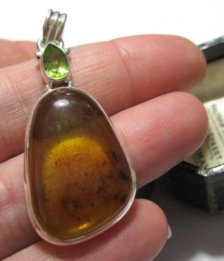 Solid Sterling Silver Real Amber Peridot Gem Stone Necklace Pendant