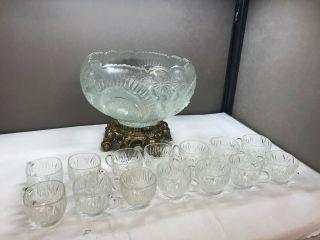 Vintage Cut Glass Punch Bowl Unknown Maker Gold Base