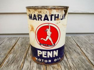 Vintage 1 Quart Marathon Penn Motor Oil Can Metal Rare Hard To Find
