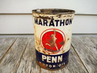 VINTAGE 1 QUART MARATHON PENN MOTOR OIL CAN METAL RARE HARD TO FIND 3