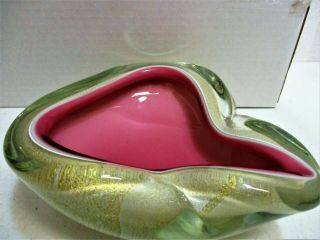 Vintage Italian Murano Pinched Bowl Pink W Gold Aventurine Thick Heavy Italian