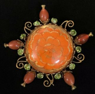 Vintage Signed Schreiner Brooch Pin / Pendant Orange Lucite Floral