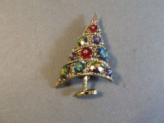 Vtg Weiss Collectible Margarita Rivoli Glass Christmas Tree Brooch Pin,  Signed