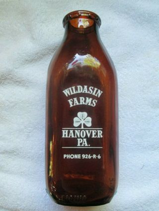 Vintage Amber Wildasin Farms Hanover Pa One Quart Milk Bottle York County