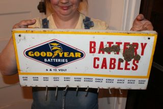 Vintage 1950s Goodyear Battery Cables Batteries Tires Gas Station 18 " Metal Sign
