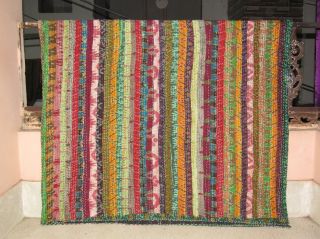 Vintage Ikat Silk Kantha Patchwork Handmade Bedspread Blanket King Size Throw