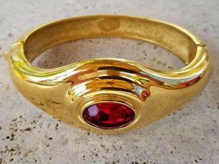 Vintage Auth Givenchy Paris Bracelet Cuff Rich Ruby Red Crystal Gold Plated