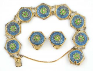 Italy - Vintage Blue Enamel Vermeil Filigree 800 Silver Bracelet & Earrings