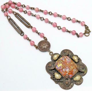 Lovely Vtg Antique Czech Deco Nouveau Carved Foil Opal Glass Bead Necklace Na83