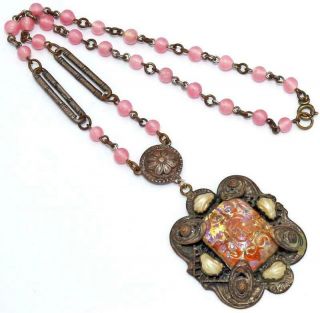 LOVELY VTG ANTIQUE CZECH DECO NOUVEAU CARVED FOIL OPAL GLASS BEAD NECKLACE NA83 3