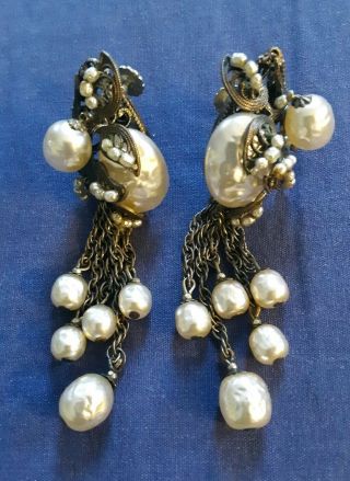 Vintage Miriam Haskell Hand Wired Faux Pearl Dangling Clip On Earrings