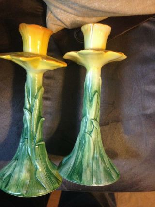 Vintage Italian Ceramic Painted Daffodil Candlesticks With
