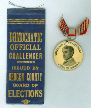 1898 Vintage Jersey Governor John Griggs Political Pinback Button & Ribbon