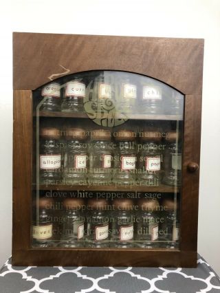 Vintage Wood Herbs And Spices 3 Shelf Wall Spice Rack Glass Door W/ Bottles