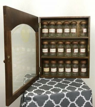 Vintage Wood HERBS and SPICES 3 Shelf Wall Spice Rack Glass Door w/ Bottles 2