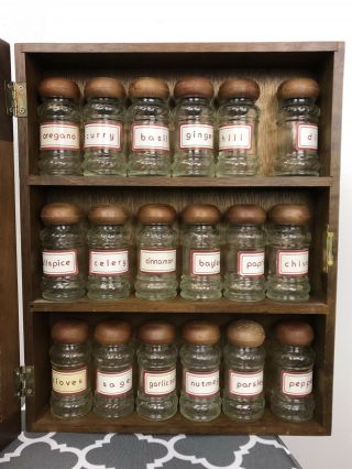 Vintage Wood HERBS and SPICES 3 Shelf Wall Spice Rack Glass Door w/ Bottles 3