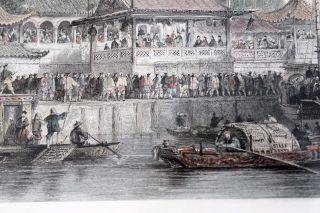 Theatre at Fien Lin China by Thomas Allom Vintage Hand Colored Engraving 1800s 2