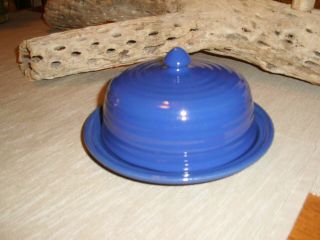 Vintage Bauer Pottery Ringware Royal Blue Round Covered Butter Dish