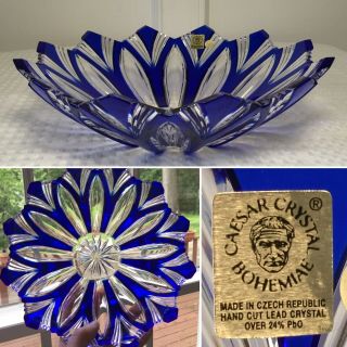 Vintage Caesar Crystal Bohemiae Cobalt Blue Czech Art - Glass Large 10 " Bowl