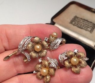 Vintage jewellery Sterling Silver Blossom Flower Brooch & Earrings Set 2