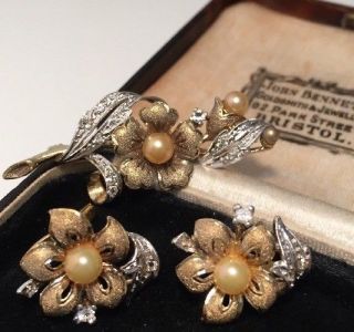 Vintage jewellery Sterling Silver Blossom Flower Brooch & Earrings Set 5