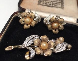 Vintage jewellery Sterling Silver Blossom Flower Brooch & Earrings Set 7