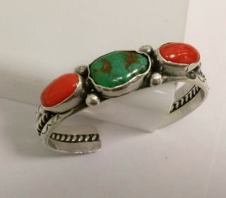 Vintage Sterling Silver Cuff Bracelet Navajo W/ Coral Turquoise Scallop Designs