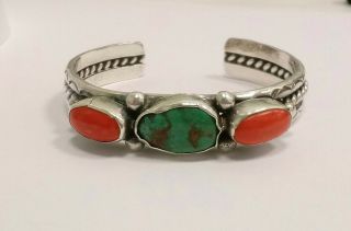 Vintage Sterling Silver Cuff Bracelet Navajo w/ Coral Turquoise Scallop Designs 2