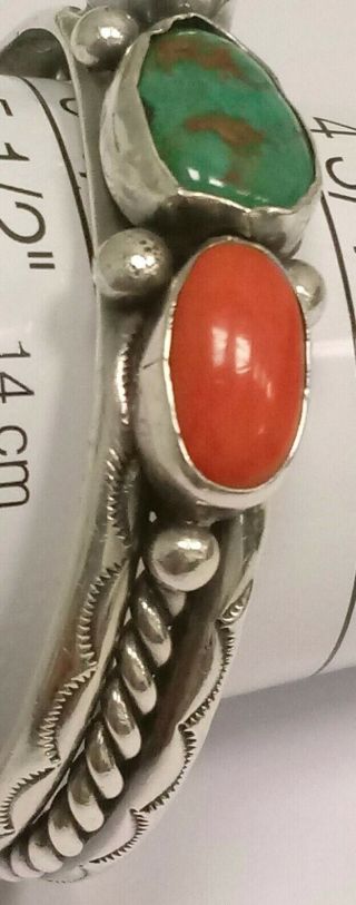 Vintage Sterling Silver Cuff Bracelet Navajo w/ Coral Turquoise Scallop Designs 4