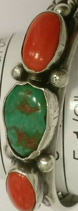 Vintage Sterling Silver Cuff Bracelet Navajo w/ Coral Turquoise Scallop Designs 5