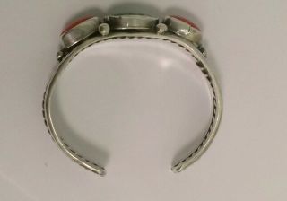 Vintage Sterling Silver Cuff Bracelet Navajo w/ Coral Turquoise Scallop Designs 6