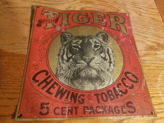 Rare Vintage Tiger Chewing Tobacco Metal Tin Sign 5 Cents Old General Store