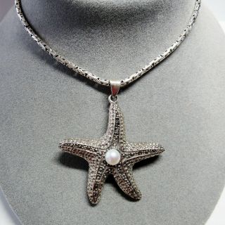 Sterling Silver Starfish Star Fish Marcasite Pendant Byzantine Chain Necklace
