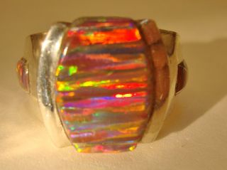 Rare 14 Handsome Signet Red True Fire Opal Ring,  11 Opals Sterling 925