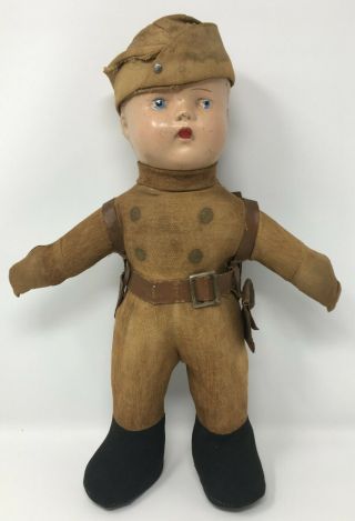 Vintage Army Soldier Boy Doll Wwi Composition Head Cloth Body Antique 15 "