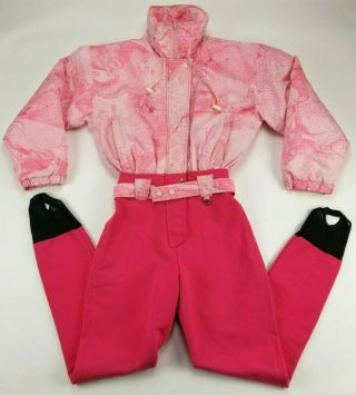 Vtg Obermeyer Sport One Piece Ski Suit Snow Bib Pink Snowsuit Women 