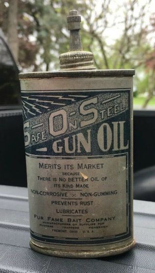 Rare Handy Oiler Gun Oil Can Fremont Ohio Fur Fame Bait Co Hunting Trapping Tin