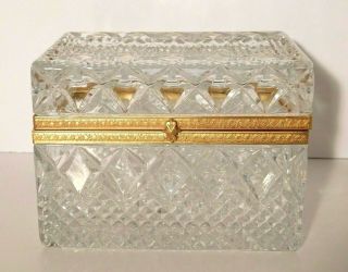 Vtg.  Heavy Cut Clear Lead Crystal Glass Jewelry Dresser Vanity Box Brass Hinged