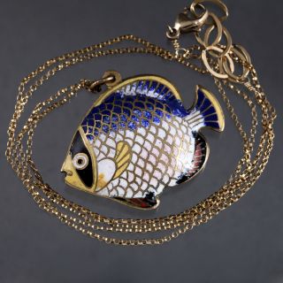 Vintage Cloisonne Enamel Fish Necklace Pendant 14/20 14k Gold Filled Vent Holes