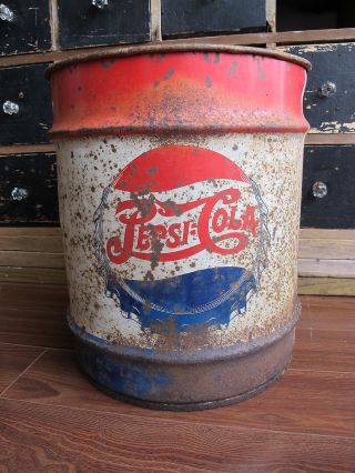 Antique Vintage Pepsi Double Dot 10 Gallon Steel Syrup Barrel,  Red White & Blue