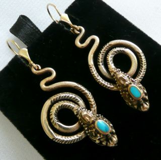 Vintage Art Deco Czech Rolled Gold & Turquoise Snake Earrings