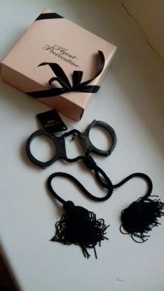 AGENT PROVOCATEUR RARE GIFT BOXED XENA DOUBLE HANDCUFF BLACK WITH TASSELS BNWT 3