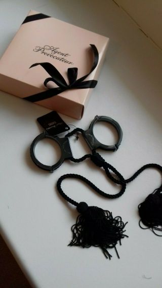 AGENT PROVOCATEUR RARE GIFT BOXED XENA DOUBLE HANDCUFF BLACK WITH TASSELS BNWT 6