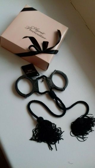 AGENT PROVOCATEUR RARE GIFT BOXED XENA DOUBLE HANDCUFF BLACK WITH TASSELS BNWT 7