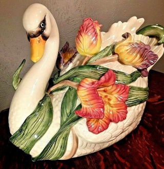 Vintage Huge 16 " Fitz & Floyd Tulip Swan Ceramic Lidded Tureen W/ Ladle